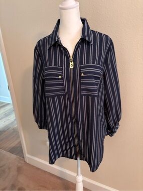 Michael Kors Navy and White Striped Zip-Front Shirt Jacket